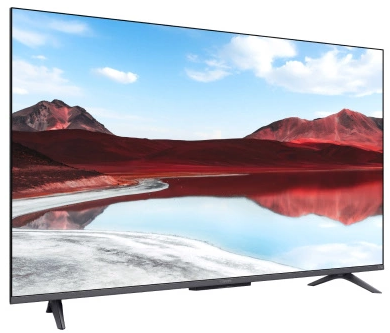 Duży ekran telewizora z krajobrazem czerwonych gór i wody.