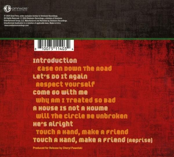 CD-Cover mit Songtiteln auf rotem Hintergrund und grünem Rahmen.