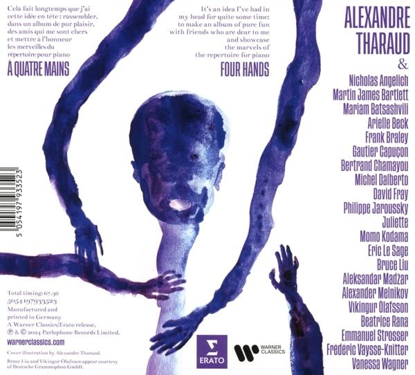 Albumcover mit blauem und violettem abstraktem Bild. Text enthält 'Alexandre Tharaud & Four Hands'.