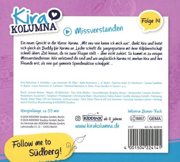 Buchcover für Kinder, mit dem Titel 'Kira Kolumna', mit Text und einem Cartoon-Bild.