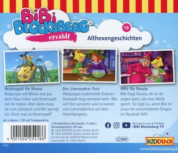 Rückseite eines BiBi Blocksberg Kinderbuchs mit Illustrationen und Text.