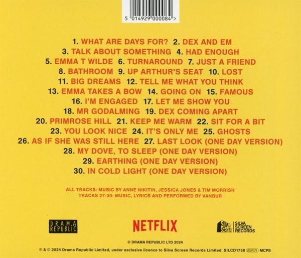 Gelber Hintergrund mit Trackliste und Logos von Netflix und Drama Republic.
