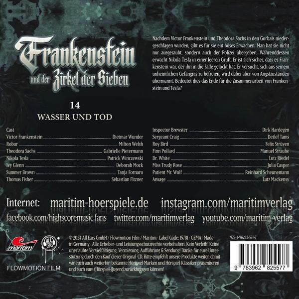 Buchcover mit Text für Frankenstein und der Zirkel der Sieben, mit einer Besetzungsliste.