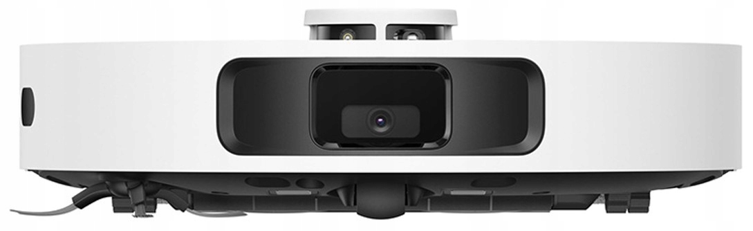 Biały robot odkurzający z kamerą i czujnikami na górze.