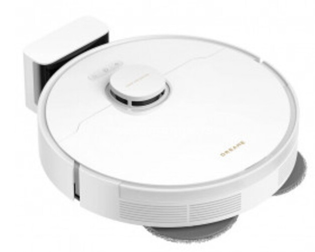 Biały okrągły robot sprzątający z stacją ładującą po lewej stronie.