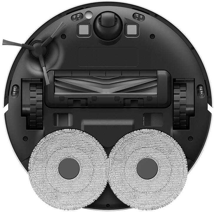 Robot odkurzający, widok od spodu. Robot pokazuje dwie okrągłe podkładki i dwa koła.