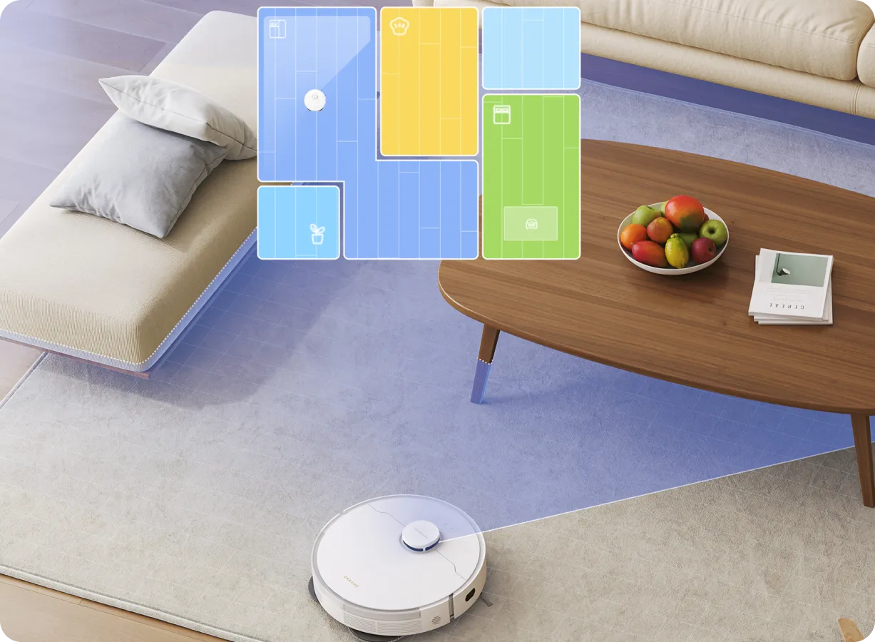 Odkurzacz robot sprzątający pokój z nałożonym układem mapy.