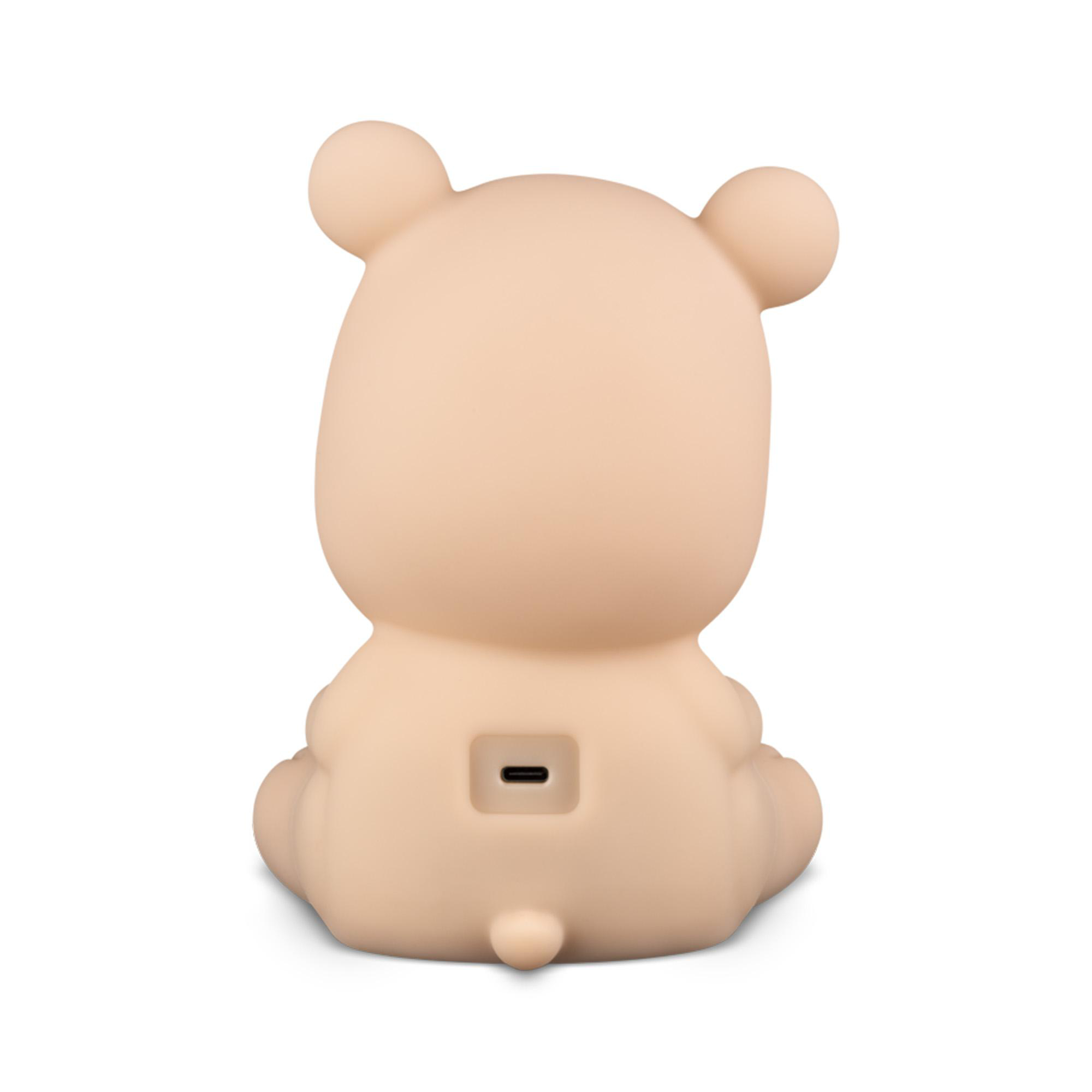 Ein beige Bären-Nachtlicht. Rückansicht. USB-Anschluss unten sichtbar.