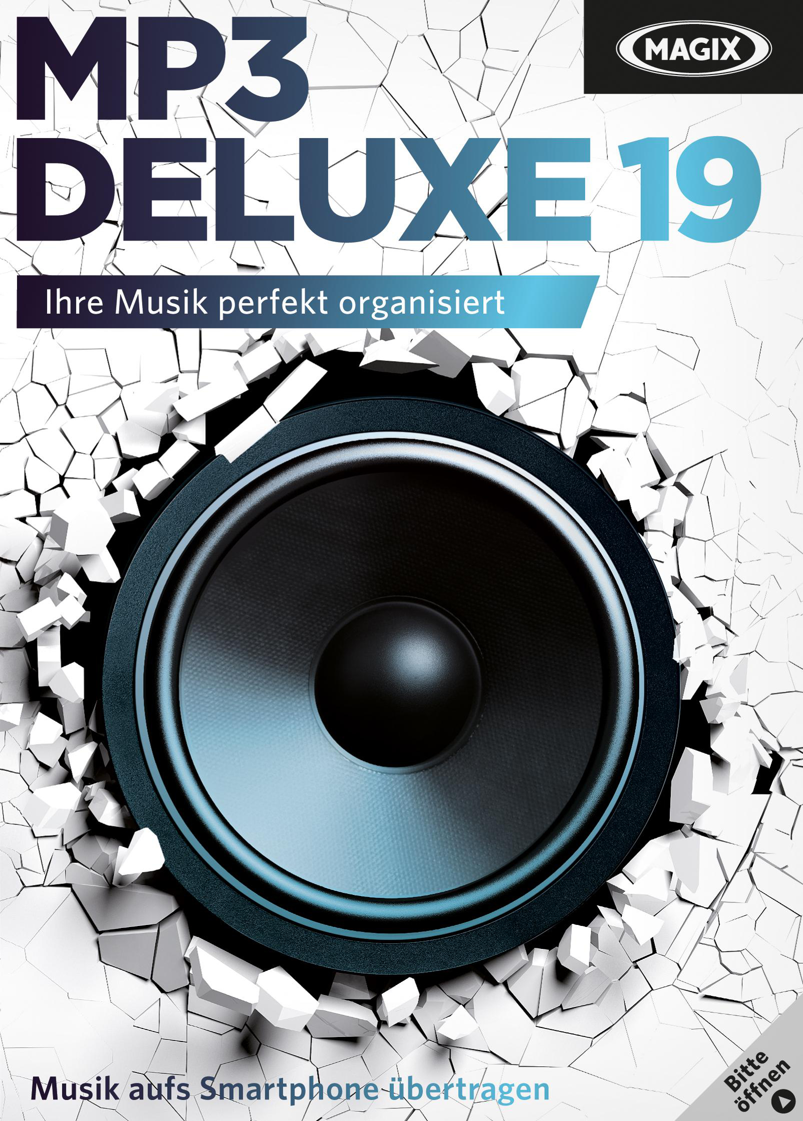Poster mit MP3 Deluxe 19 Text, Lautsprecher und zerbrochenem Wandeffekt. Magix Logo.