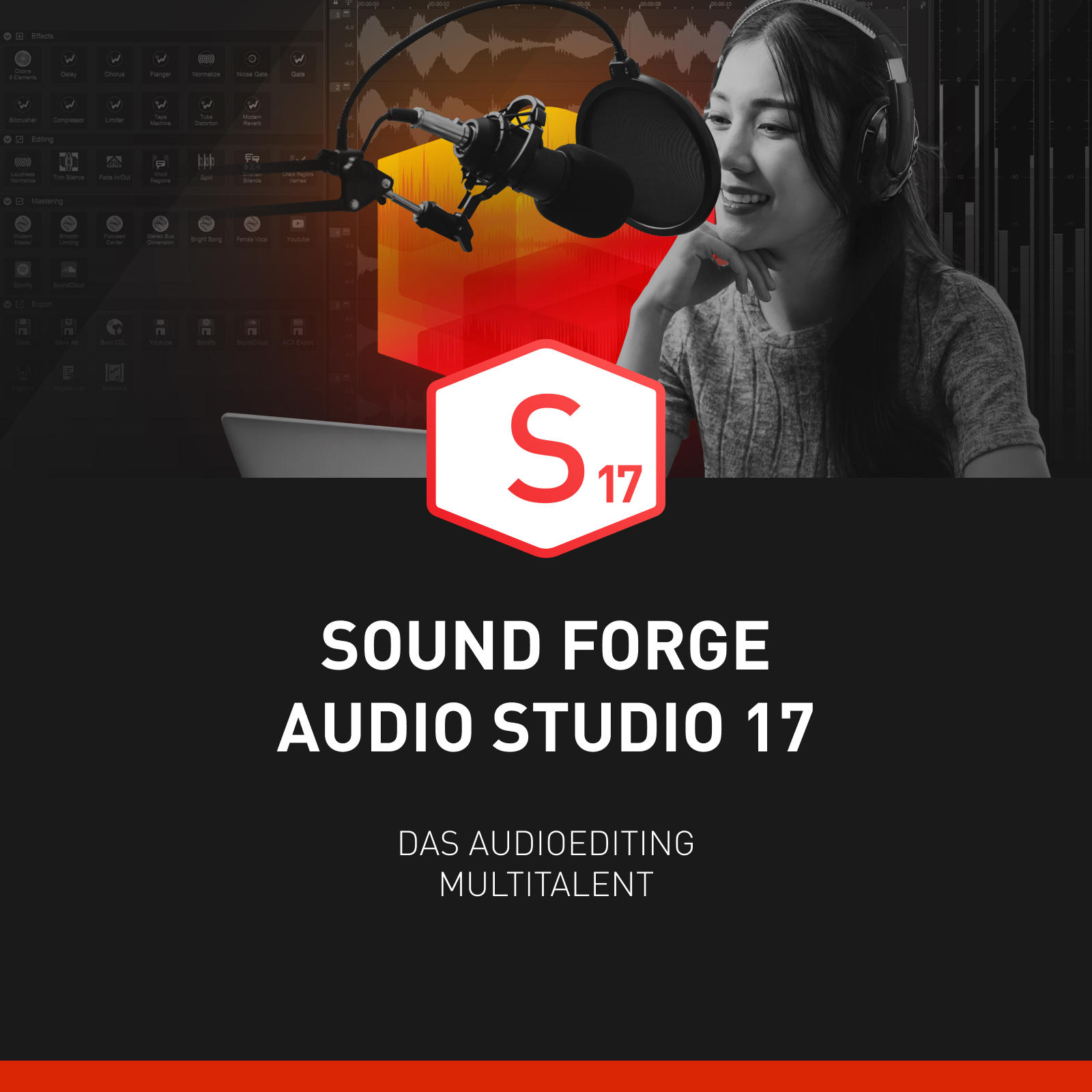 Sound Forge Audio Studio 17 Cover zeigt eine Frau mit Kopfhörern, Mikrofon und Audiobearbeitungsoberfläche.