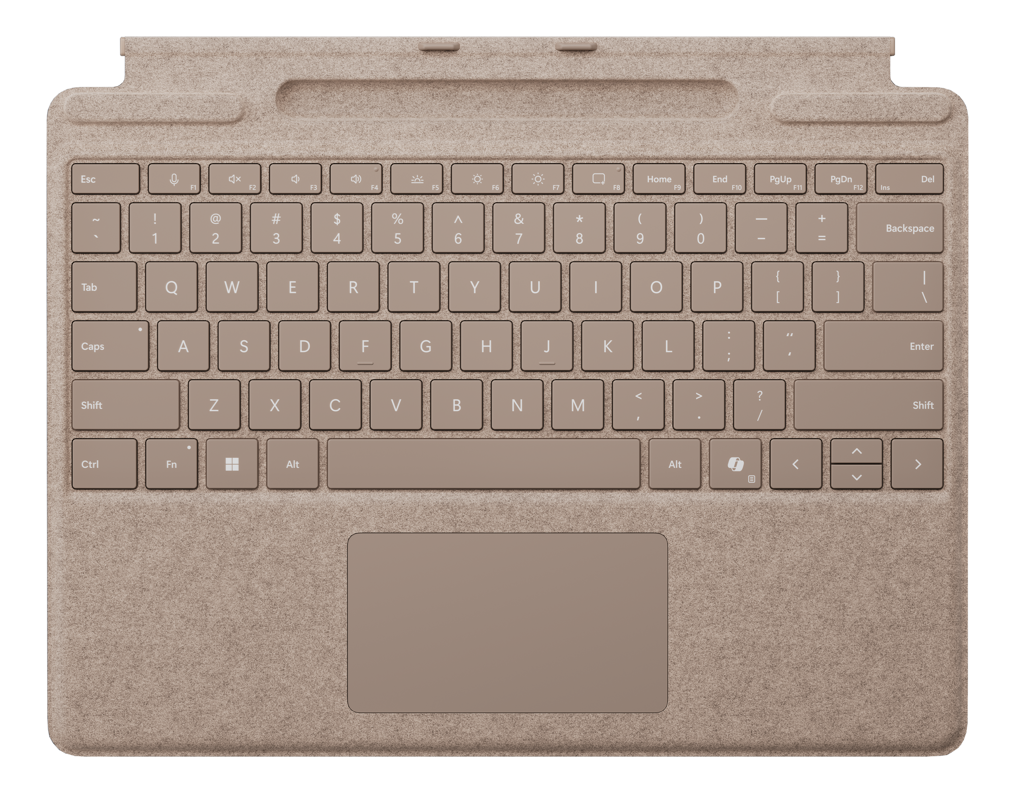 Clavier beige avec touches et pavé tactile. Il a une palette de couleurs neutres et une texture douce.