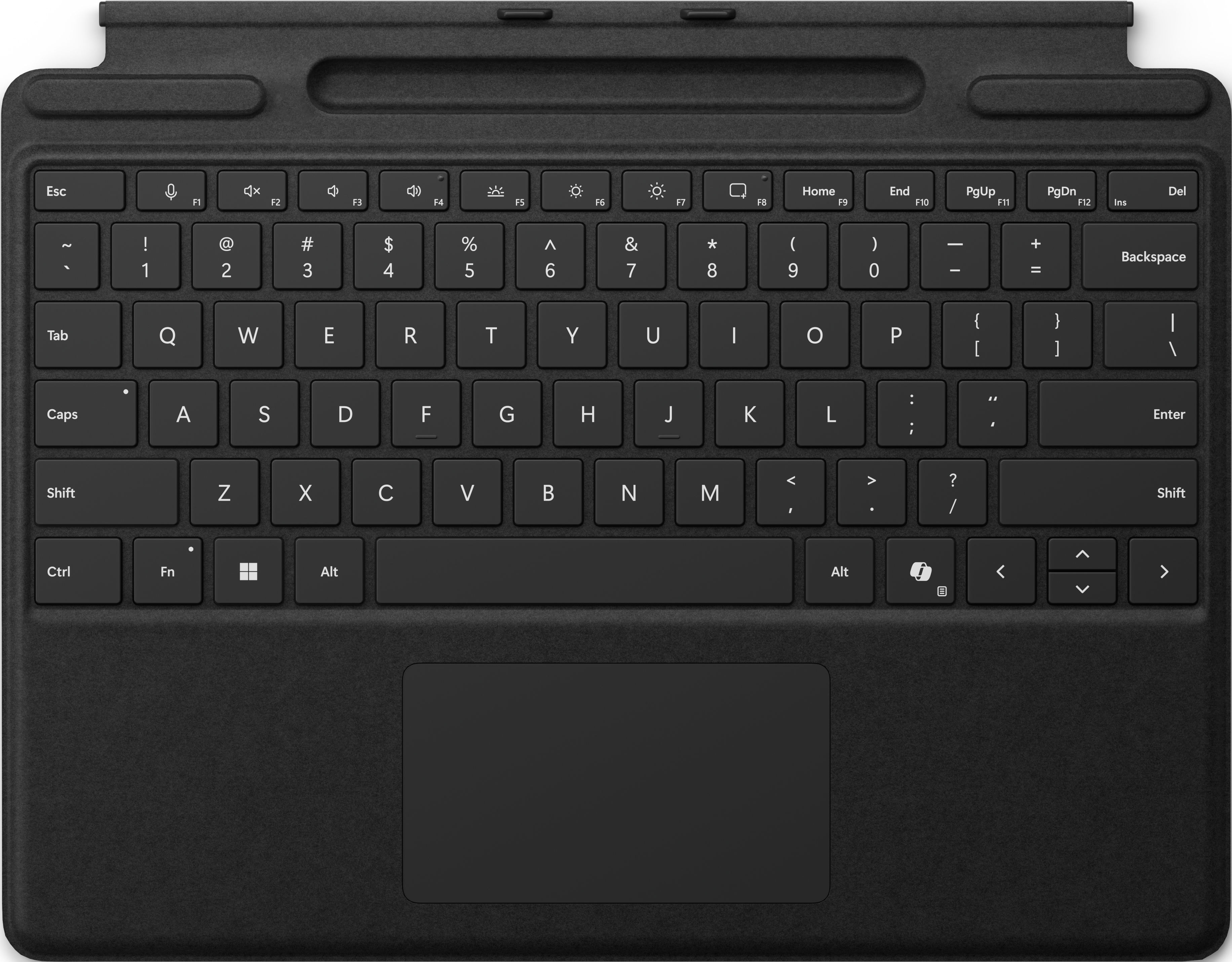 Tastiera nera con touchpad e logo Microsoft. Su sfondo grigio scuro.