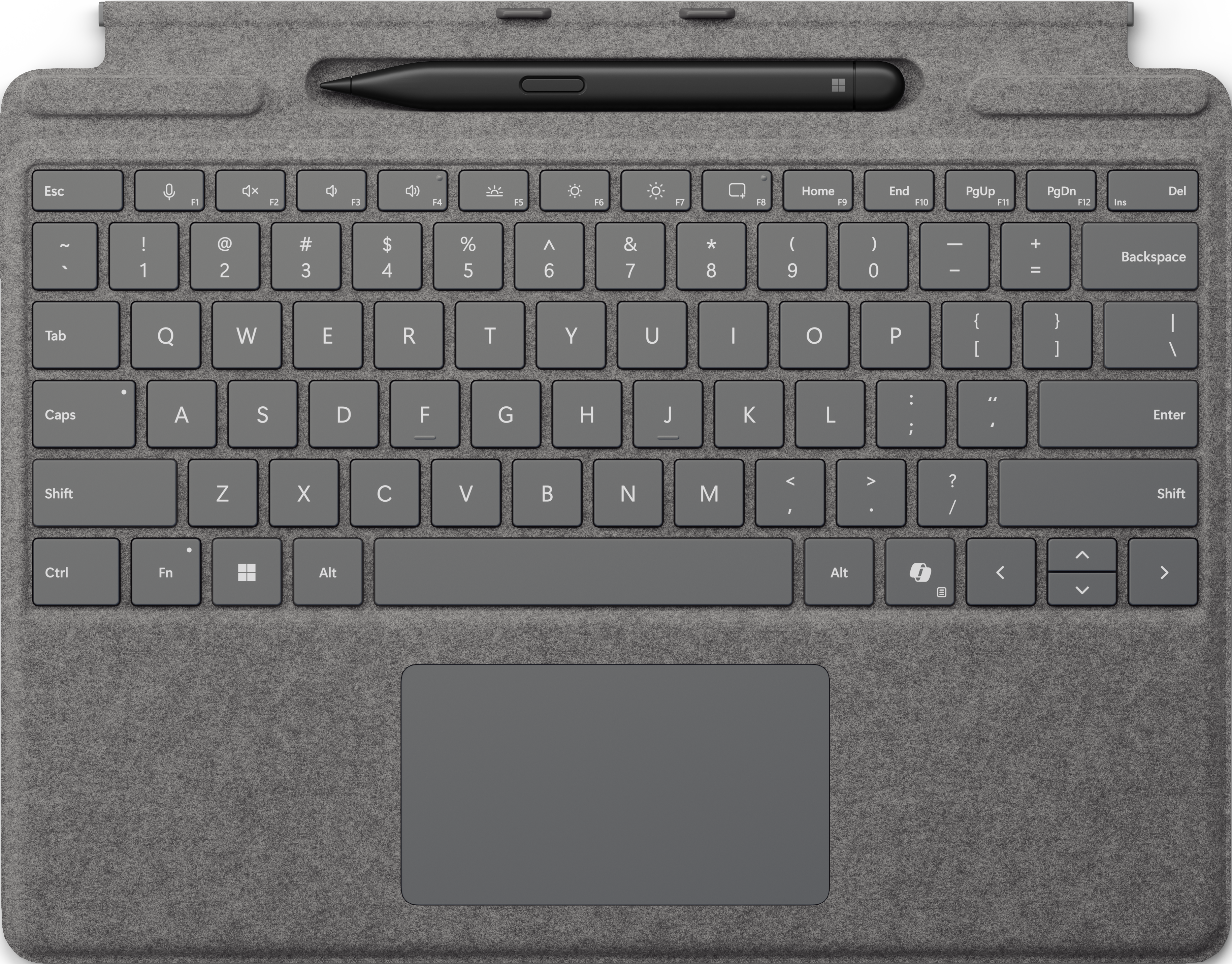 Housse de clavier avec clavier et stylet sur une surface grise.