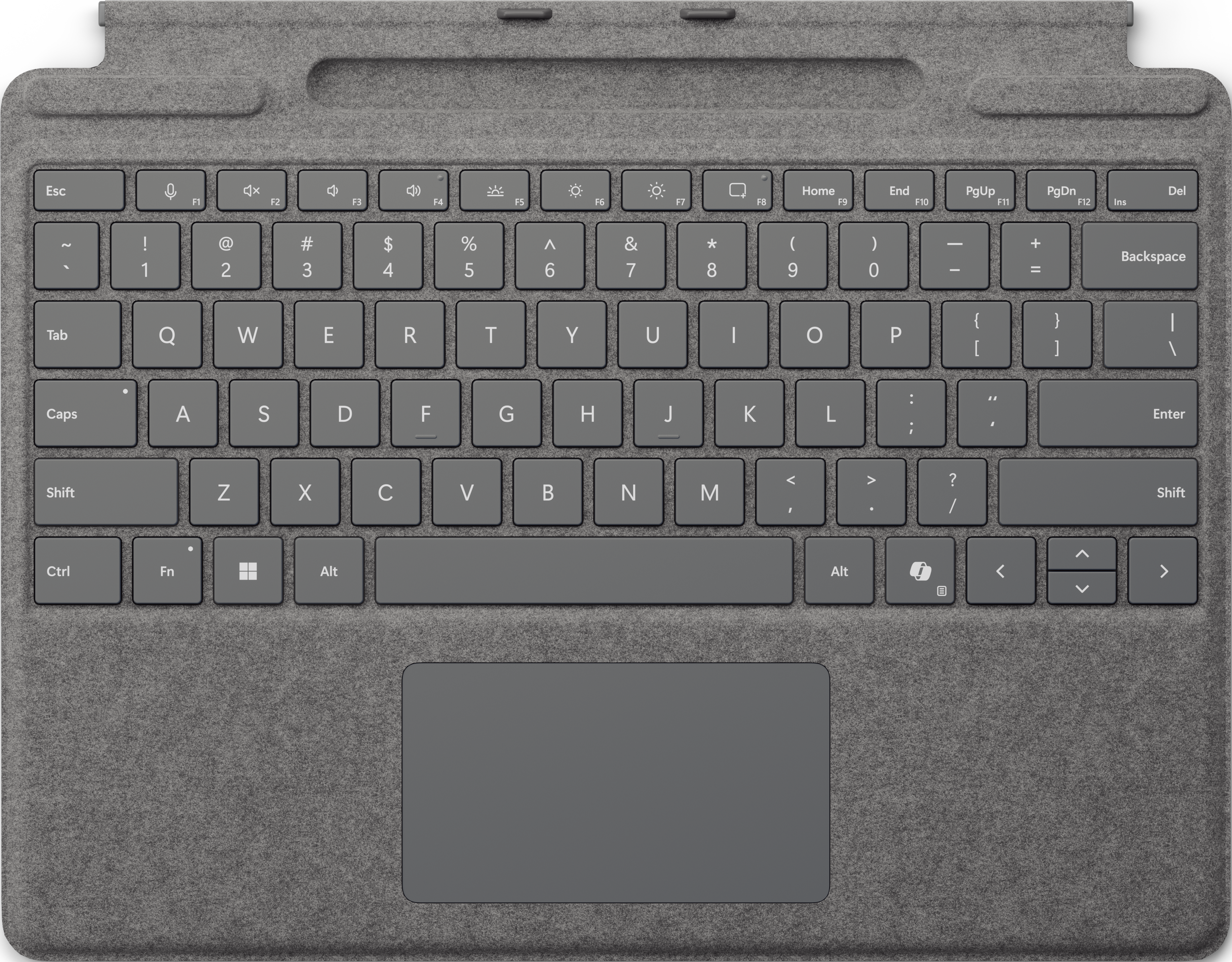 Un cache-clavier gris avec des touches et un pavé tactile, vue de dessus.