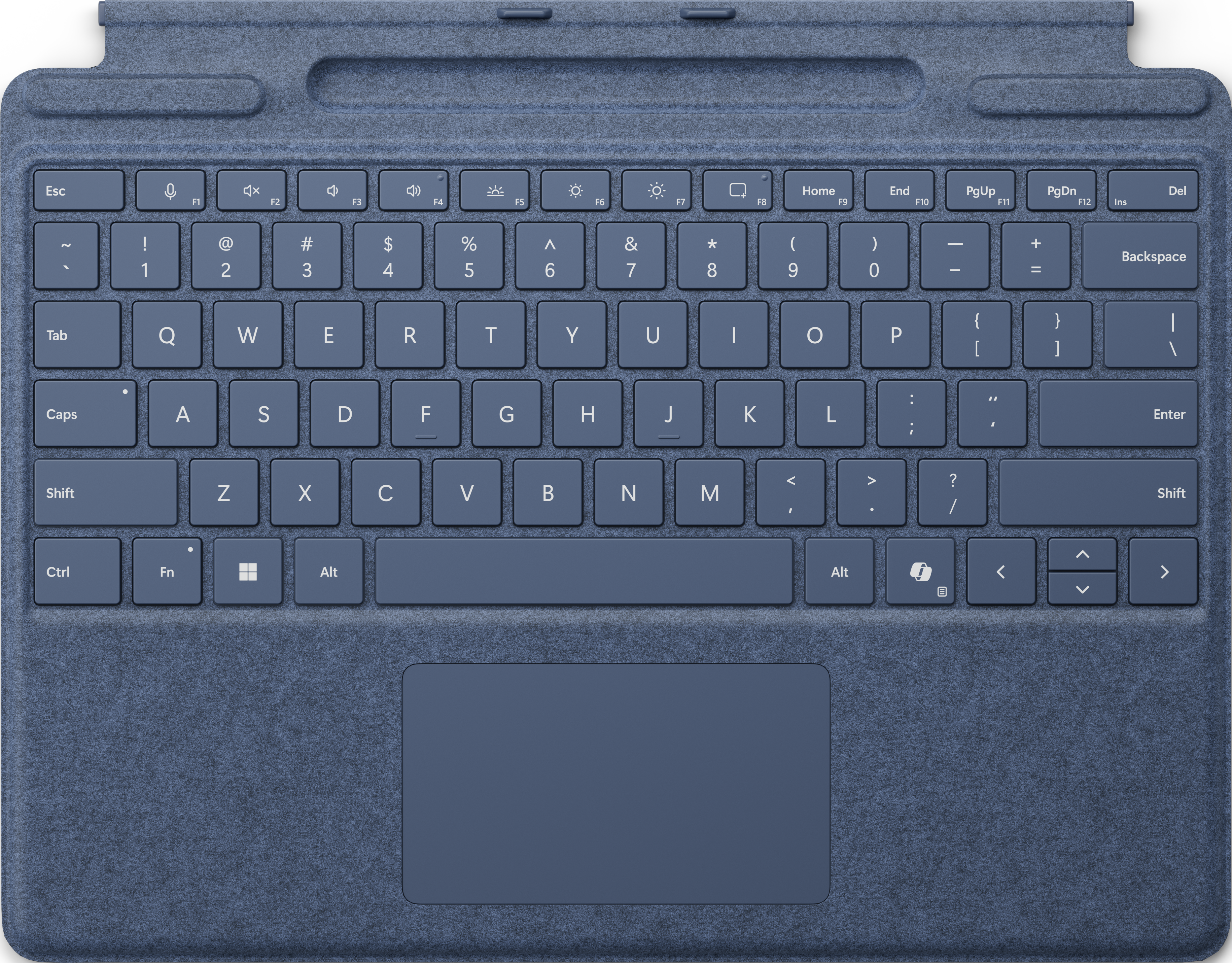 Clavier bleu avec pavé tactile, touches avec lettres, chiffres et symboles étiquetés.