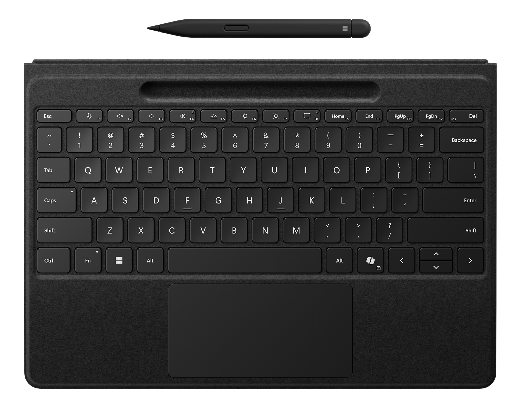 Clavier noir avec pavé tactile et un stylo noir. Les touches sont blanches.