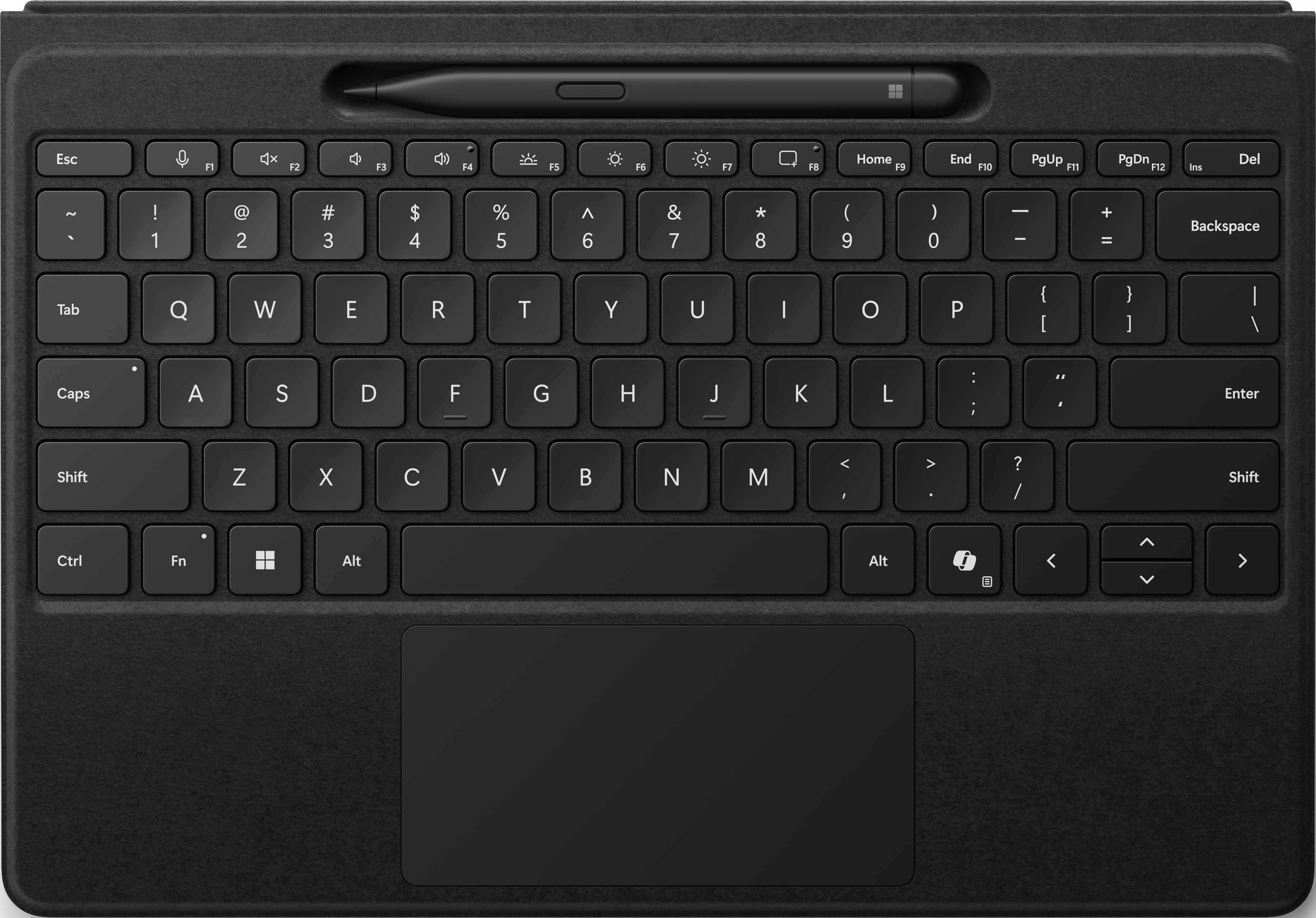 Clavier noir avec pavé tactile et stylo.