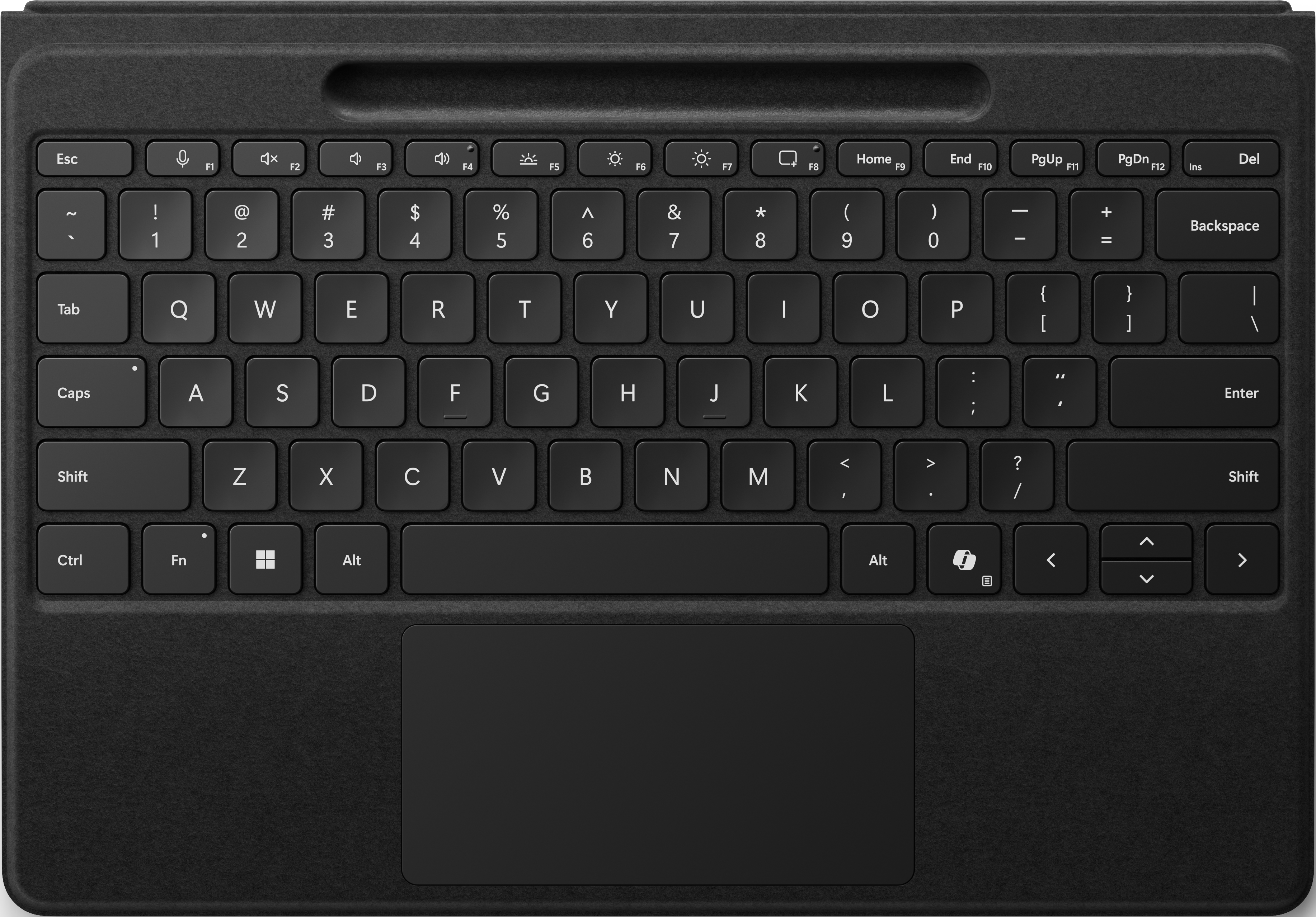 Clavier noir, vue de dessus, avec pavé tactile.