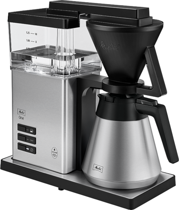 Macchina da caffè argento e nera con caraffa in vetro e serbatoio dell'acqua.