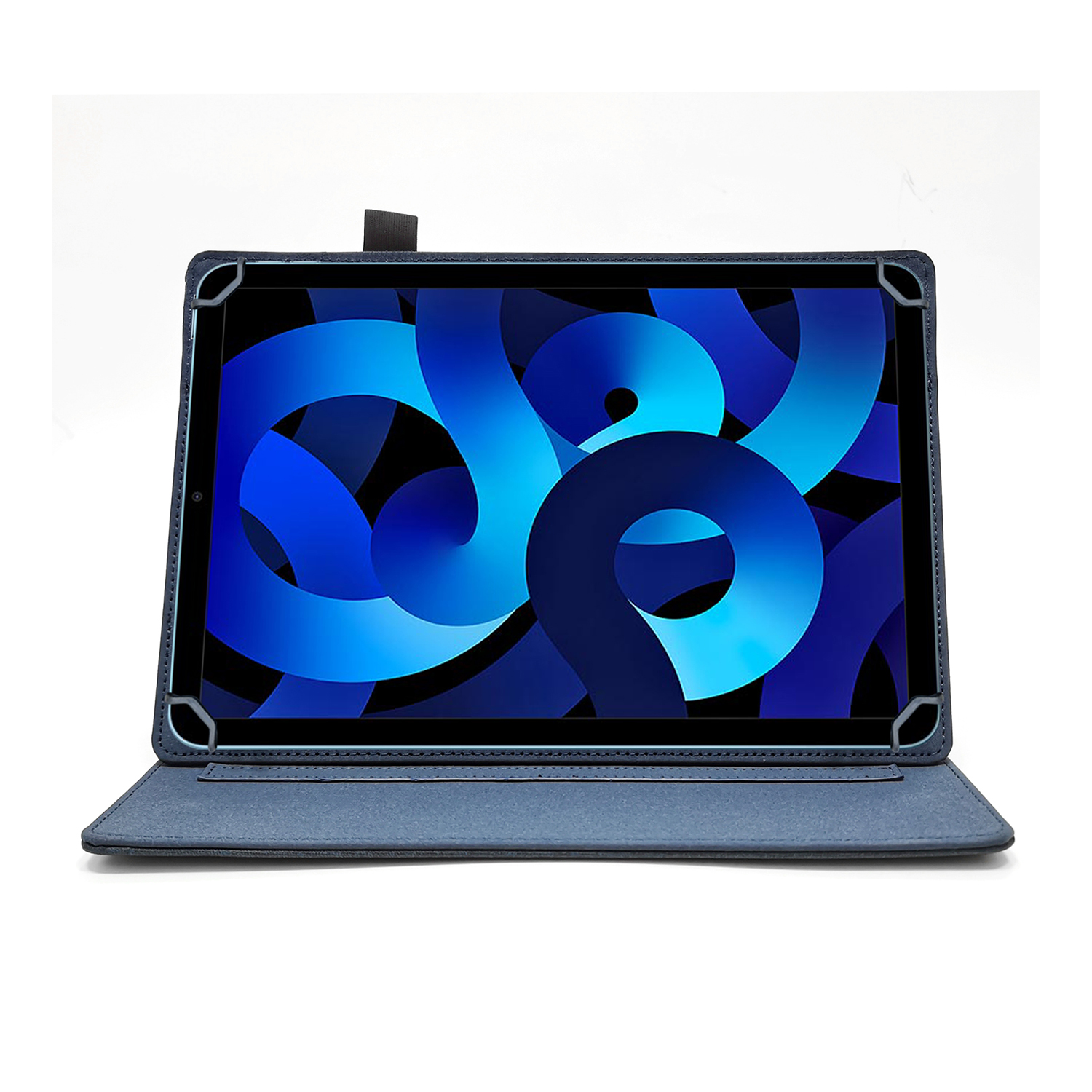Tablet in custodia blu. Tablet con design astratto blu su sfondo bianco.
