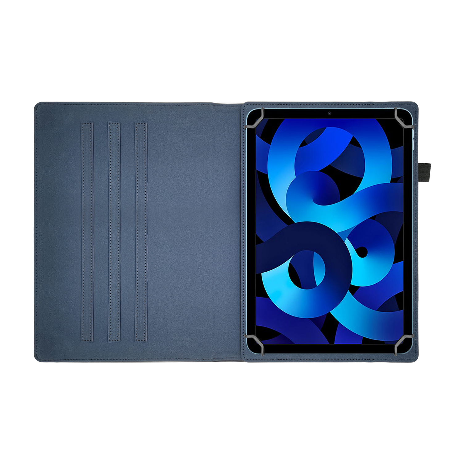 Una custodia per tablet blu aperta con un tablet all'interno. Lo schermo del tablet mostra un design astratto blu.