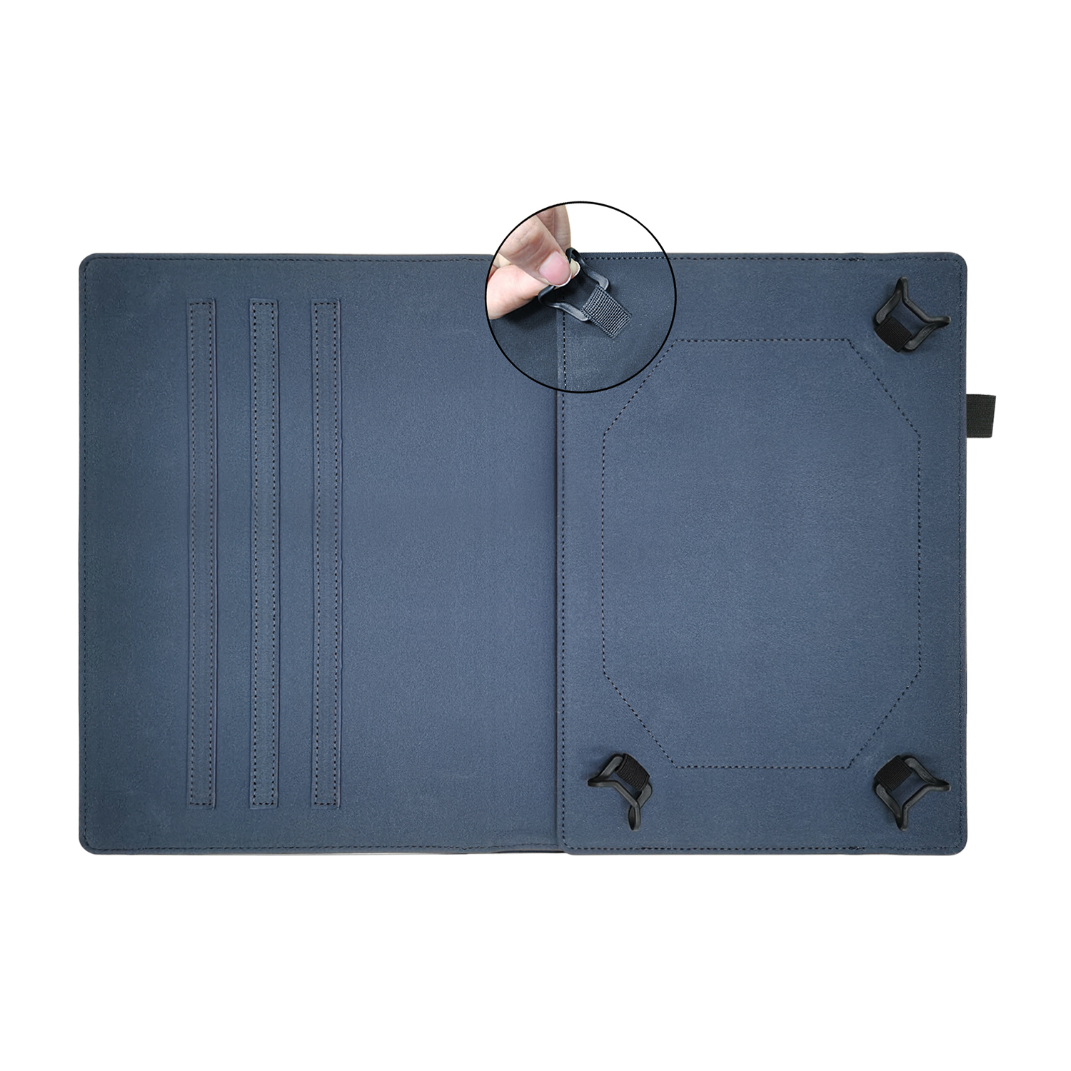 Custodia per tablet blu aperta. Interno con fessure per carte e chiusure. Dettagli neri.