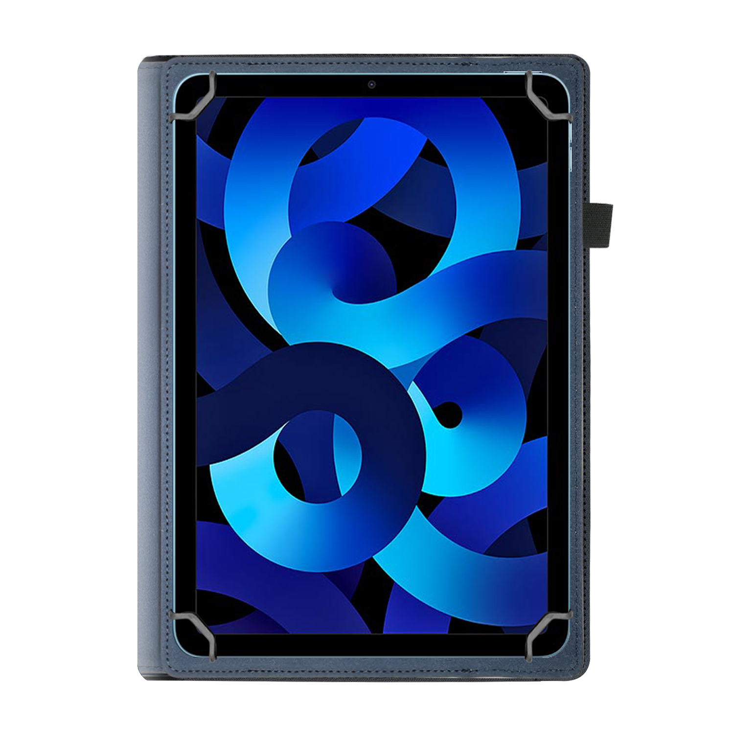 Un iPad in una custodia blu scuro, con uno sfondo blu astratto. Bordi neri e angoli.