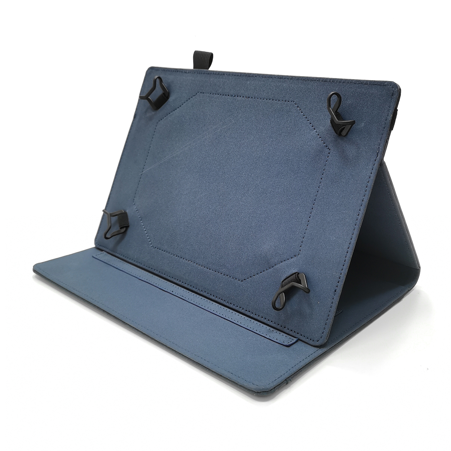 Una custodia per tablet blu aperta, che mostra il supporto per tablet.