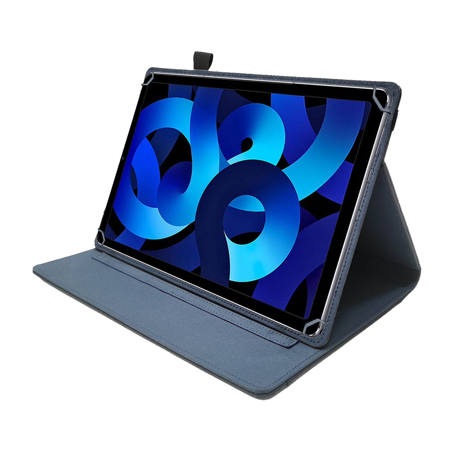 Tablet in una custodia blu. Lo schermo mostra arte astratta blu e verde.