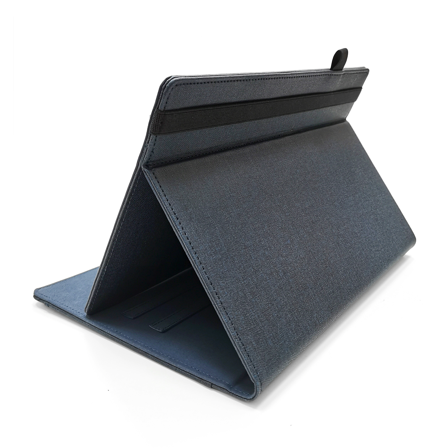 Custodia per tablet blu scuro aperta, che mostra una fascia elastica nera. La custodia è su una superficie bianca.