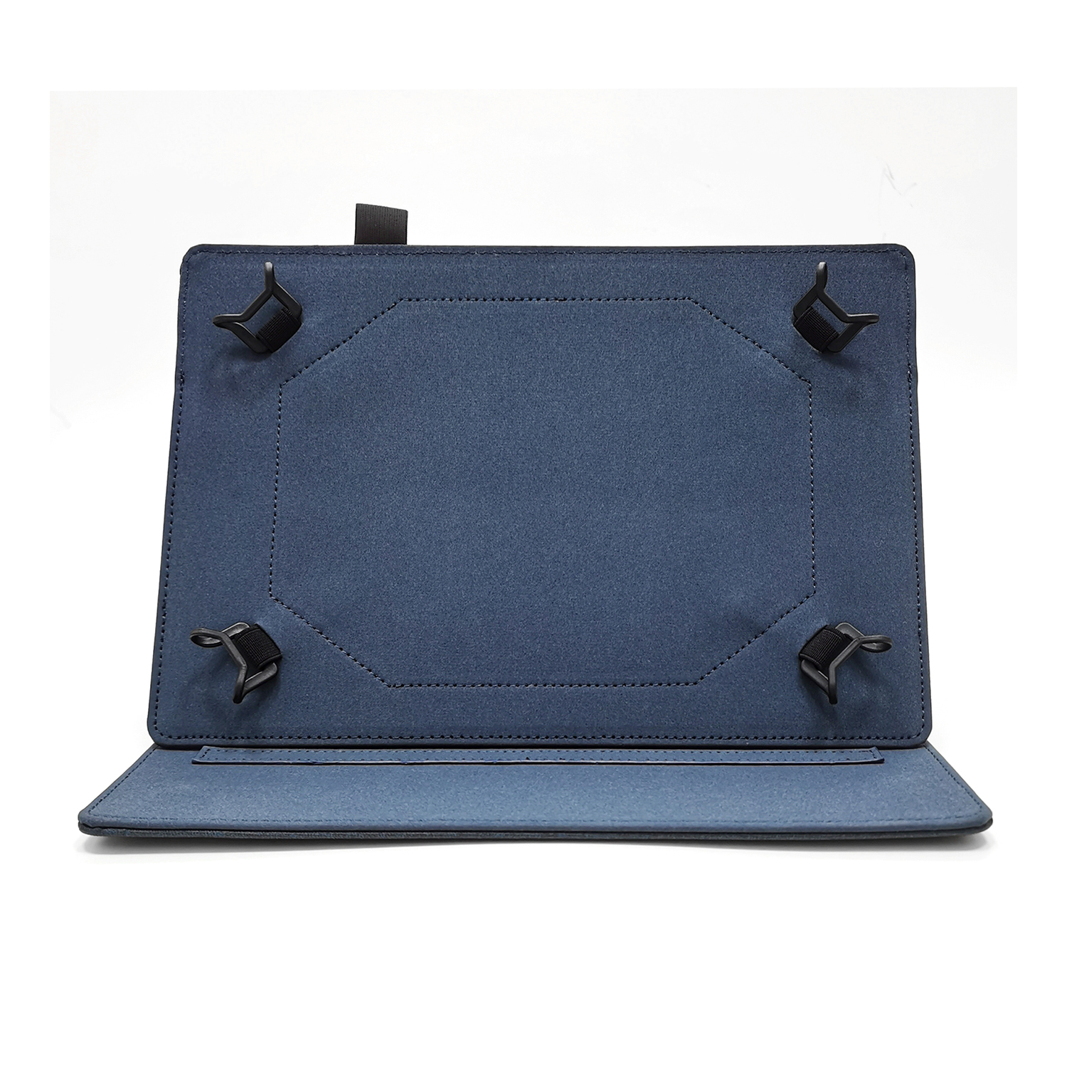 Custodia per tablet blu navy con chiusura magnetica. La custodia è aperta, mostrando l'interno.