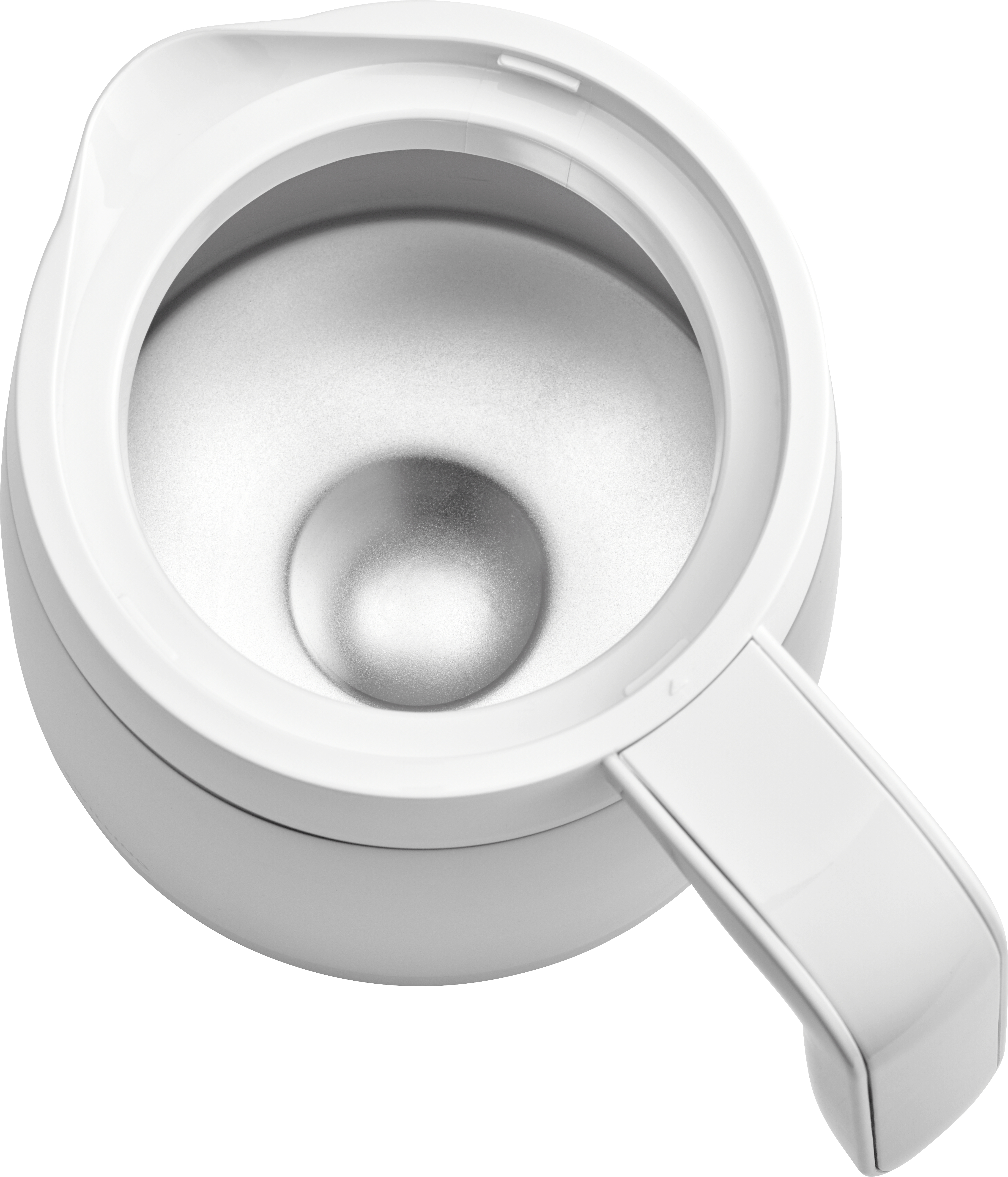 Weißer, oval geformter Behälter mit Griff. Im Inneren befindet sich eine metallisch-silberne Oberfläche.