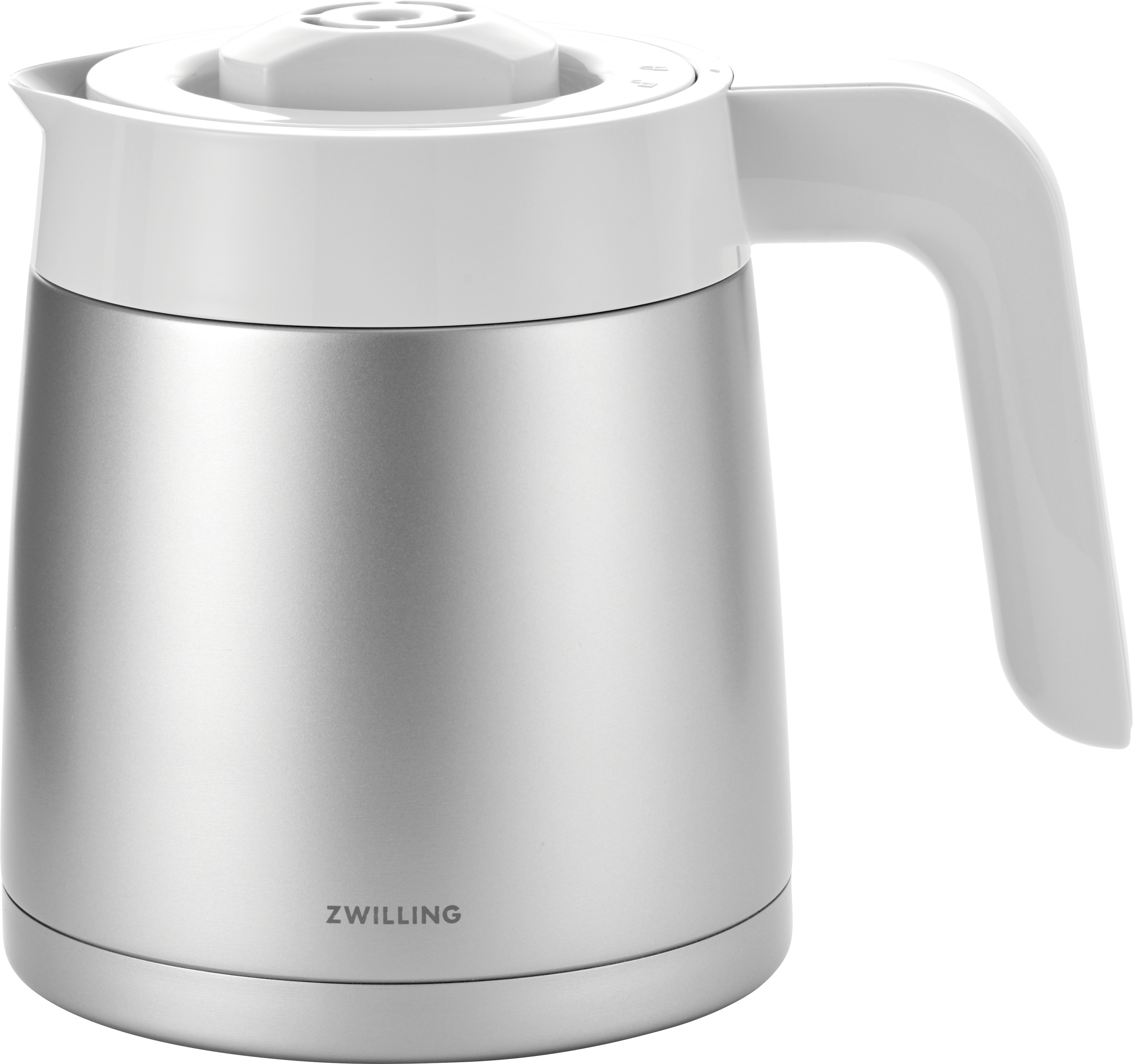 Elektrischer Wasserkocher in Silber und Weiß mit Griff, ZWILLING-Logo und weißem Deckel.