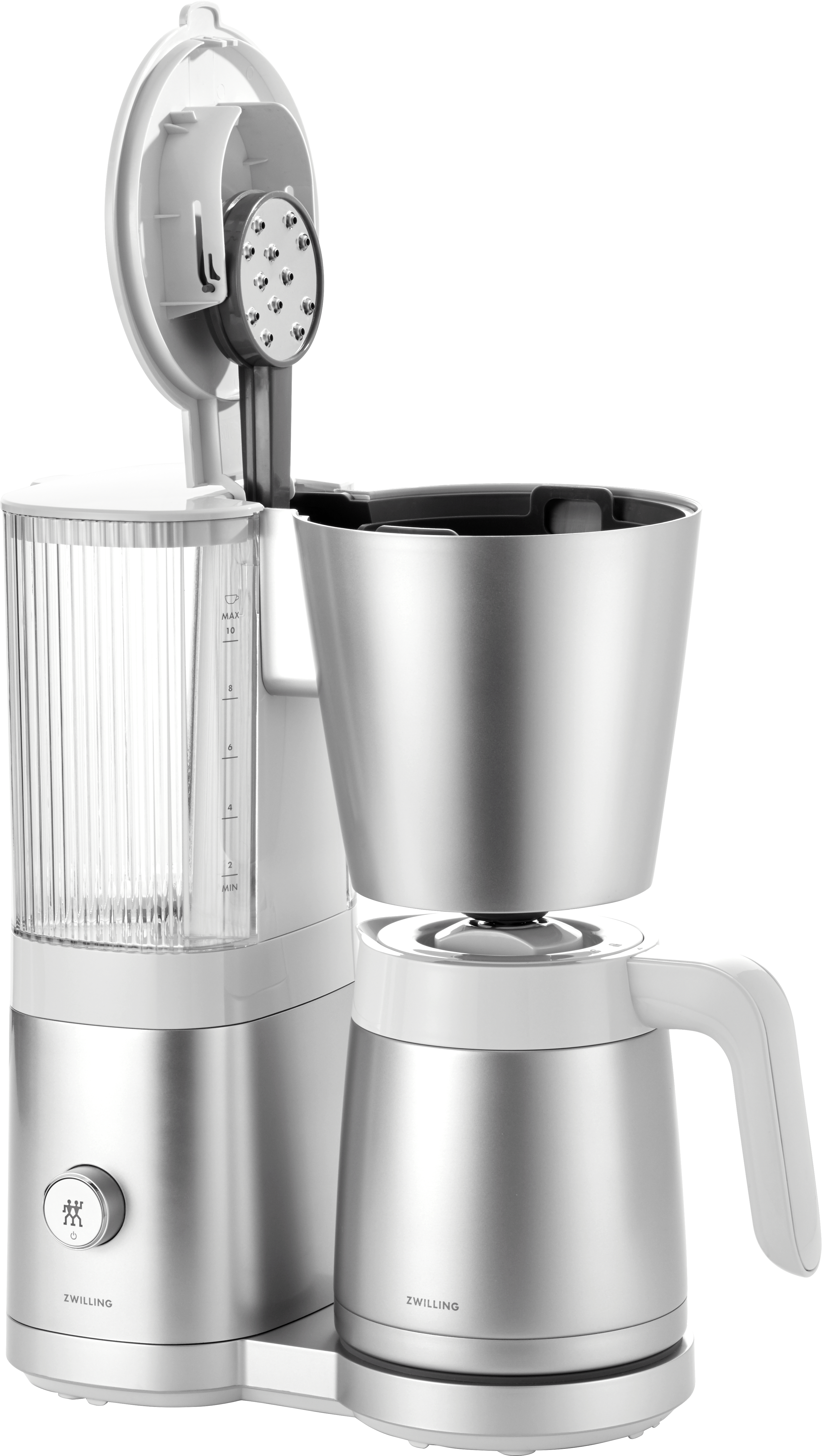Eine silberne und weiße Kaffeemaschine mit einer Glaskaraffe und einem abnehmbaren Filter.
