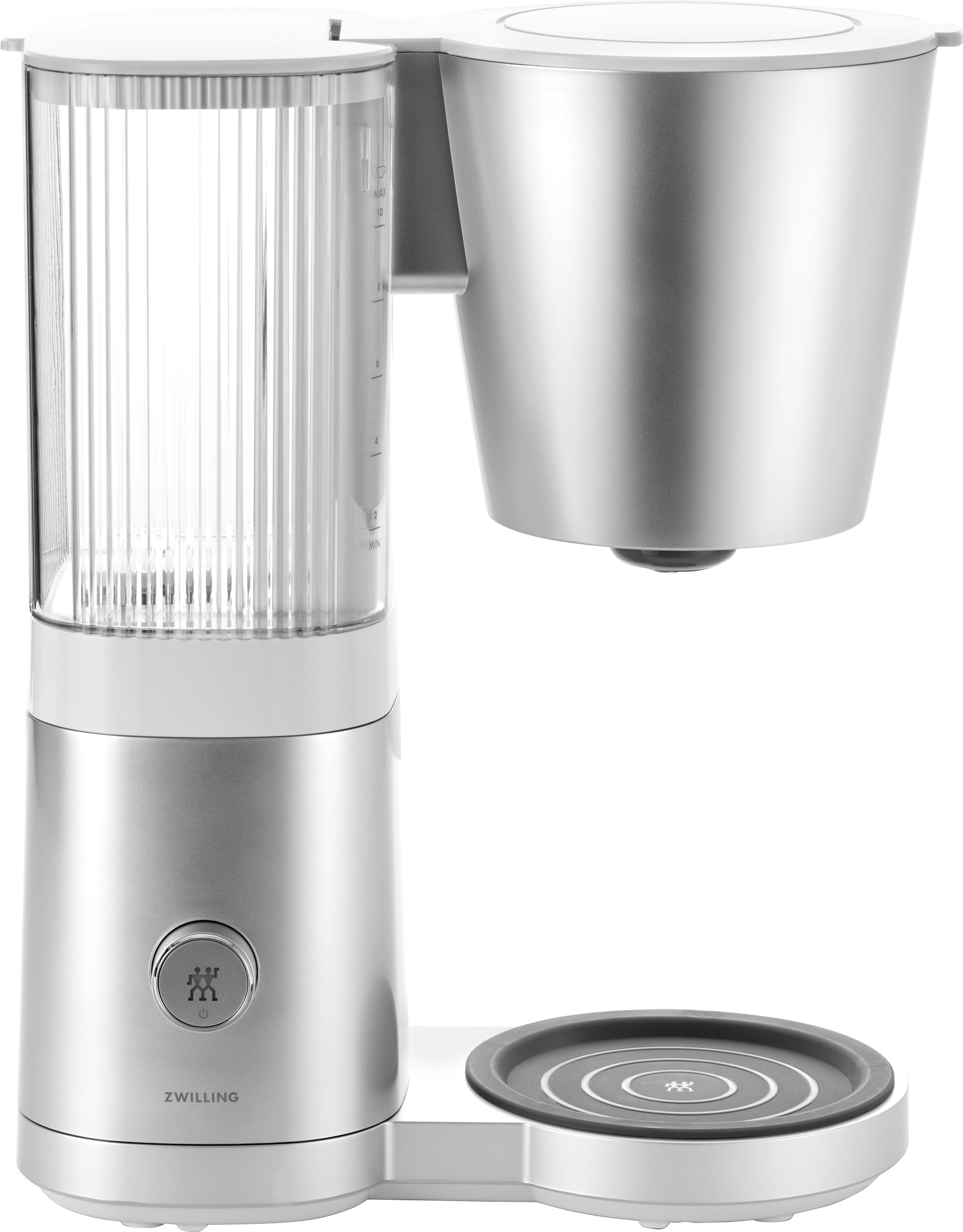 Eine silber-weiße Kaffeemaschine mit transparentem Wasserbehälter und schwarzem Sockel.