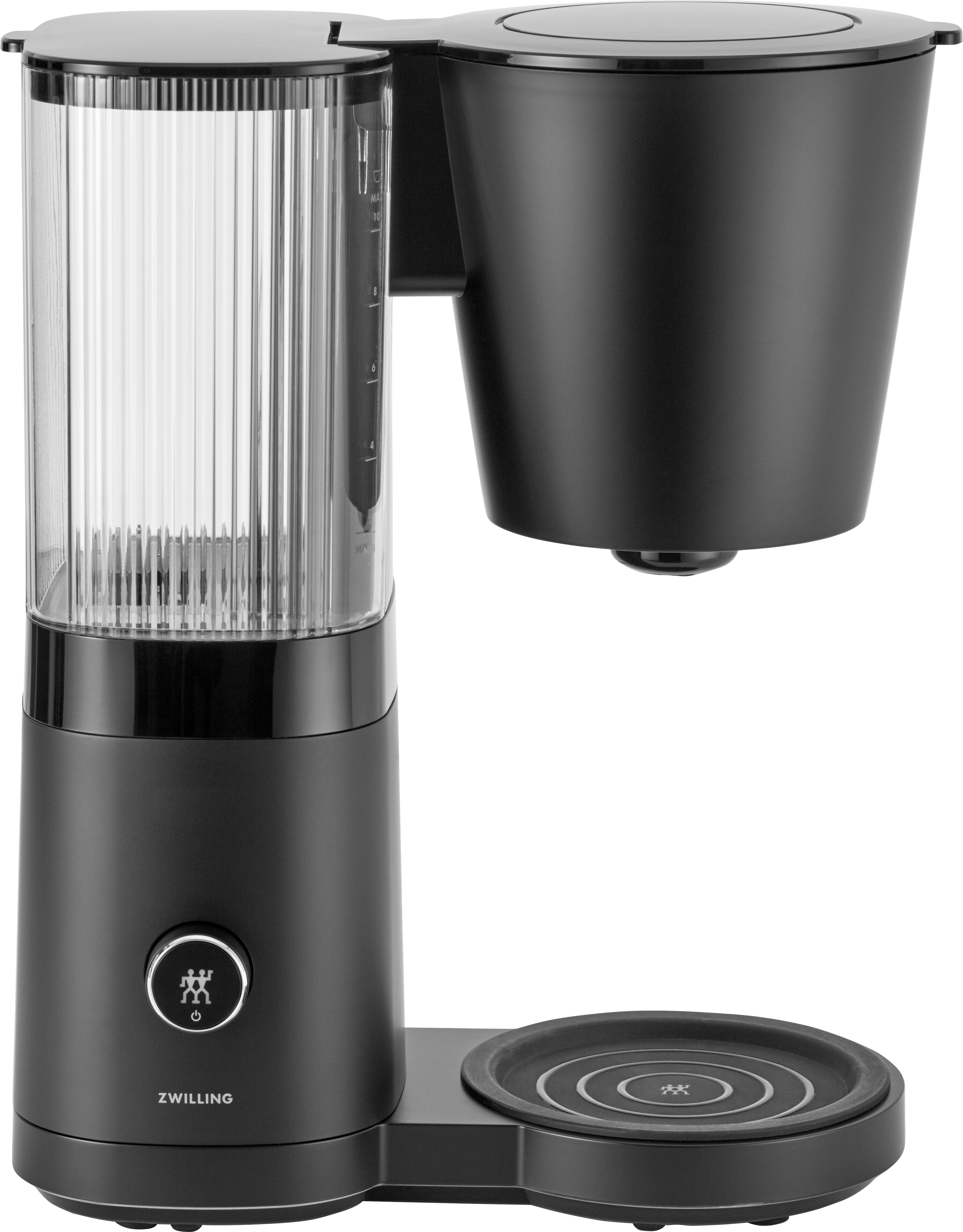 Schwarze Kaffeemaschine mit einem transparenten Wasserbehälter und einem schwarzen Filterhalter und Sockel.