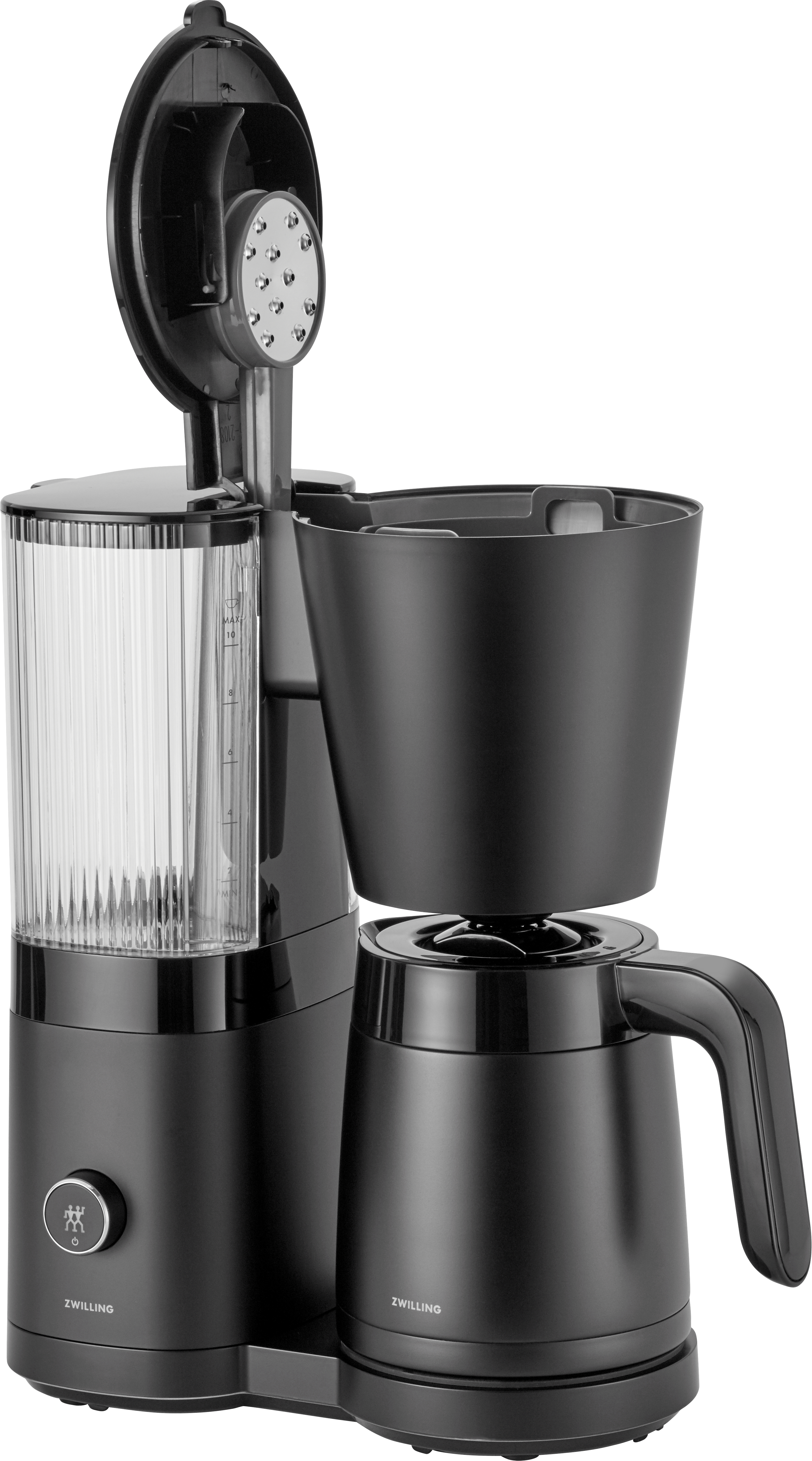 Schwarzer Kaffeeautomat mit offenem Deckel, Wassertank sichtbar, und Zwilling Logo.
