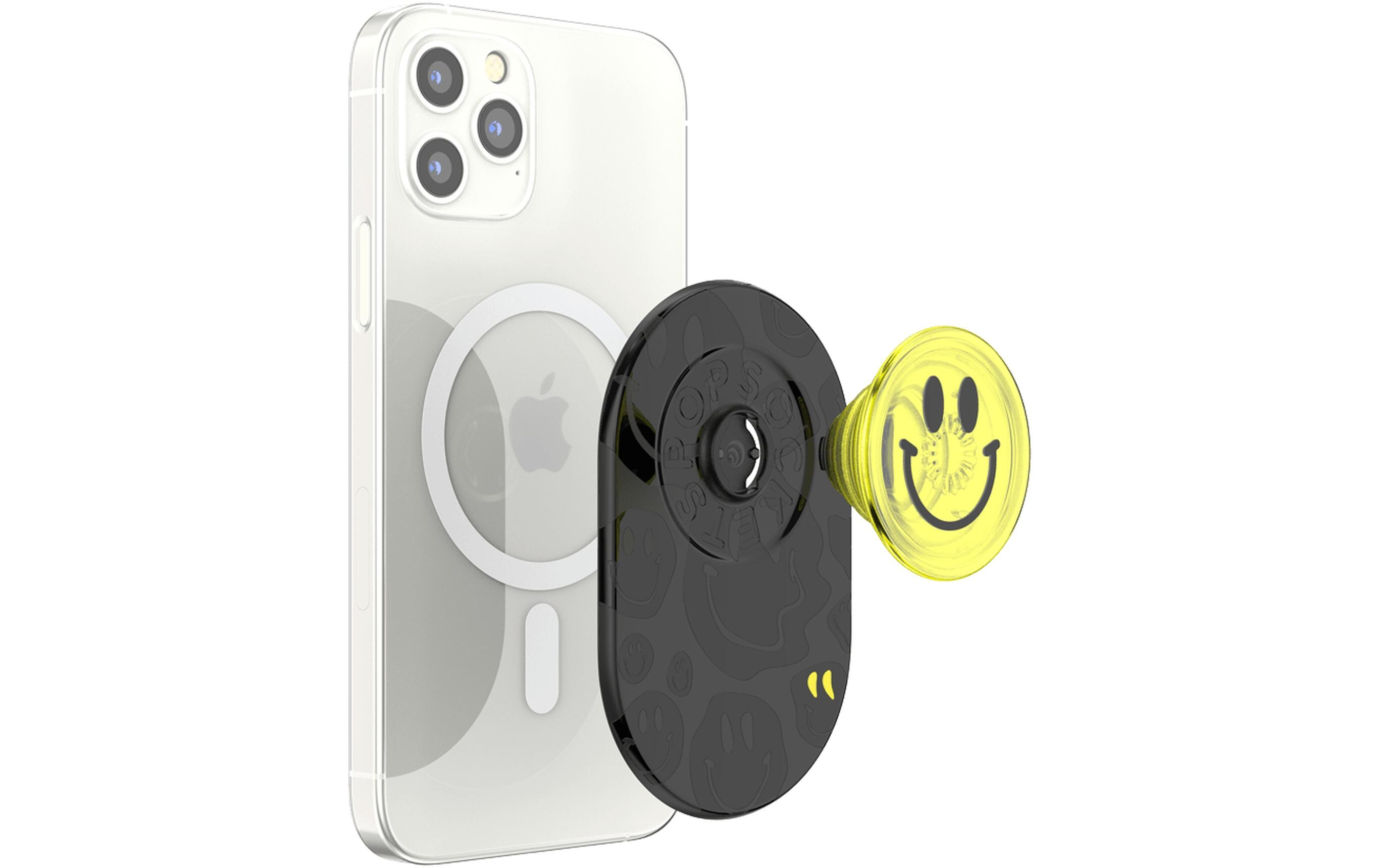 iPhone avec PopSocket noir. Le PopSocket a un smiley avec un fond jaune.