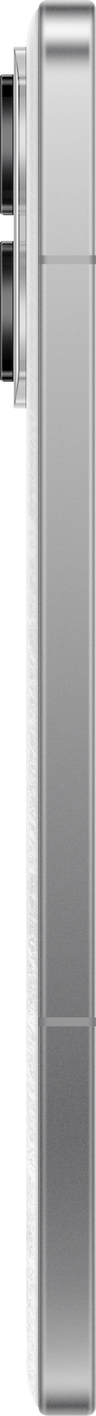 Srebrny smartfon z aparatem i przyciskami. Telefon jest na czarnym tle.
