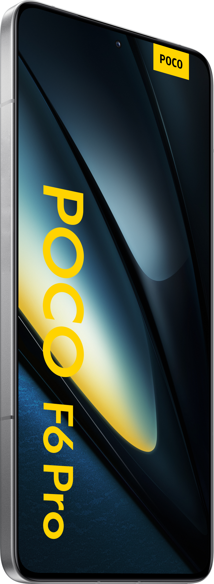 Smartfon POCO F6 Pro, srebrna ramka, czarny ekran z żółtym logo.