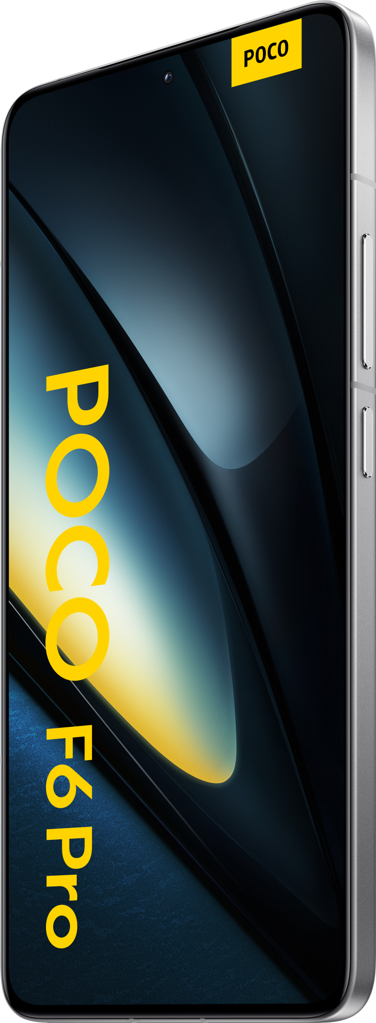 Widok z boku srebrnego telefonu POCO F6 Pro z żółtą naklejką POCO.