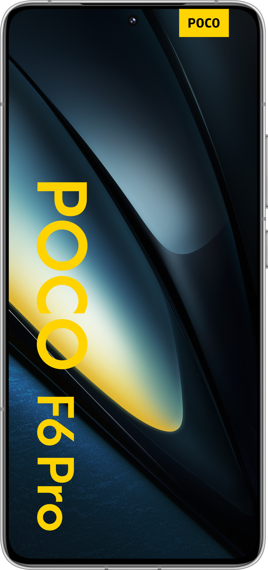 Czarny telefon POCO F6 Pro na ciemnym tle. Nazwa telefonu jest żółta.