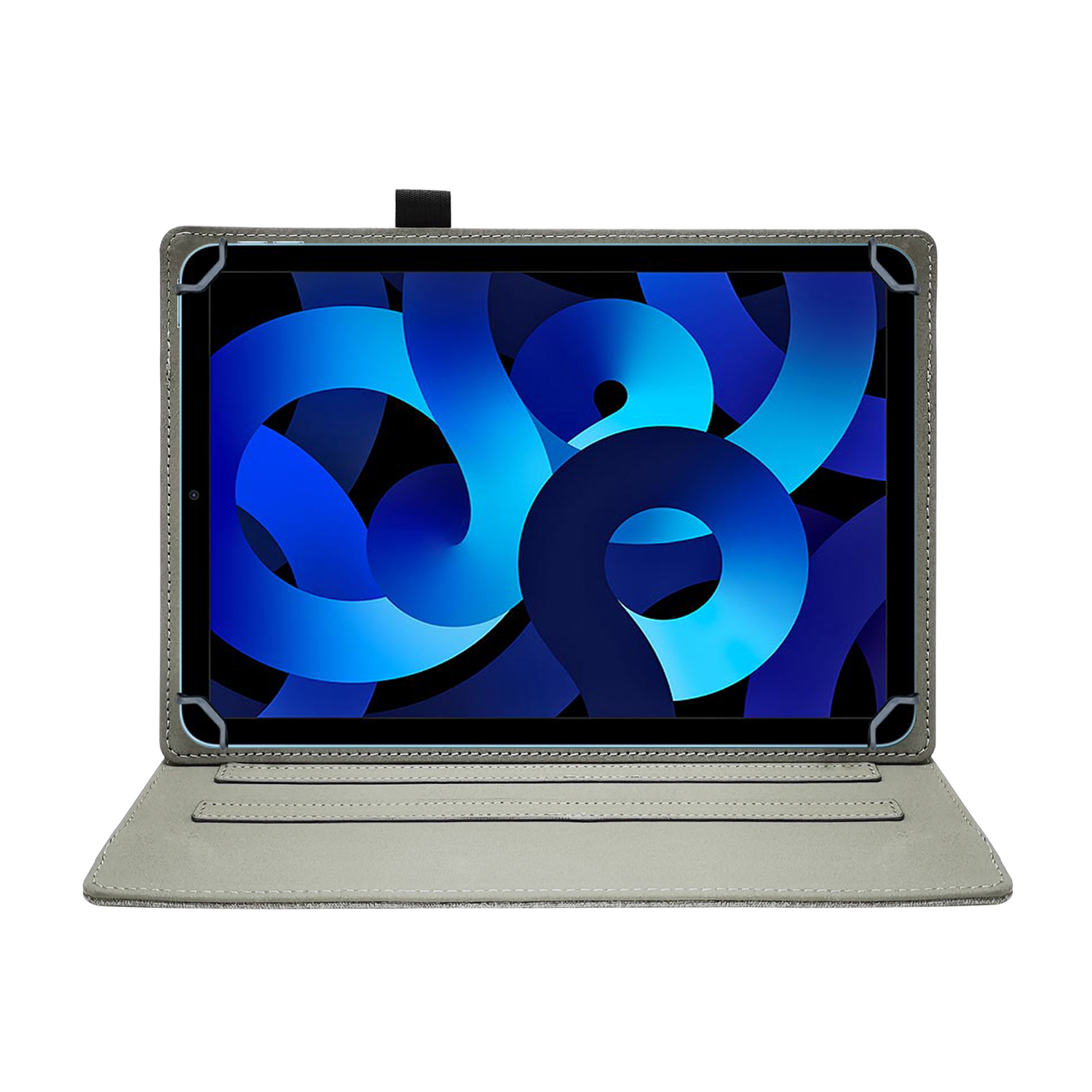 Custodia per tablet grigia aperta con un tablet. Lo schermo del tablet ha un design blu. Sfondo bianco.