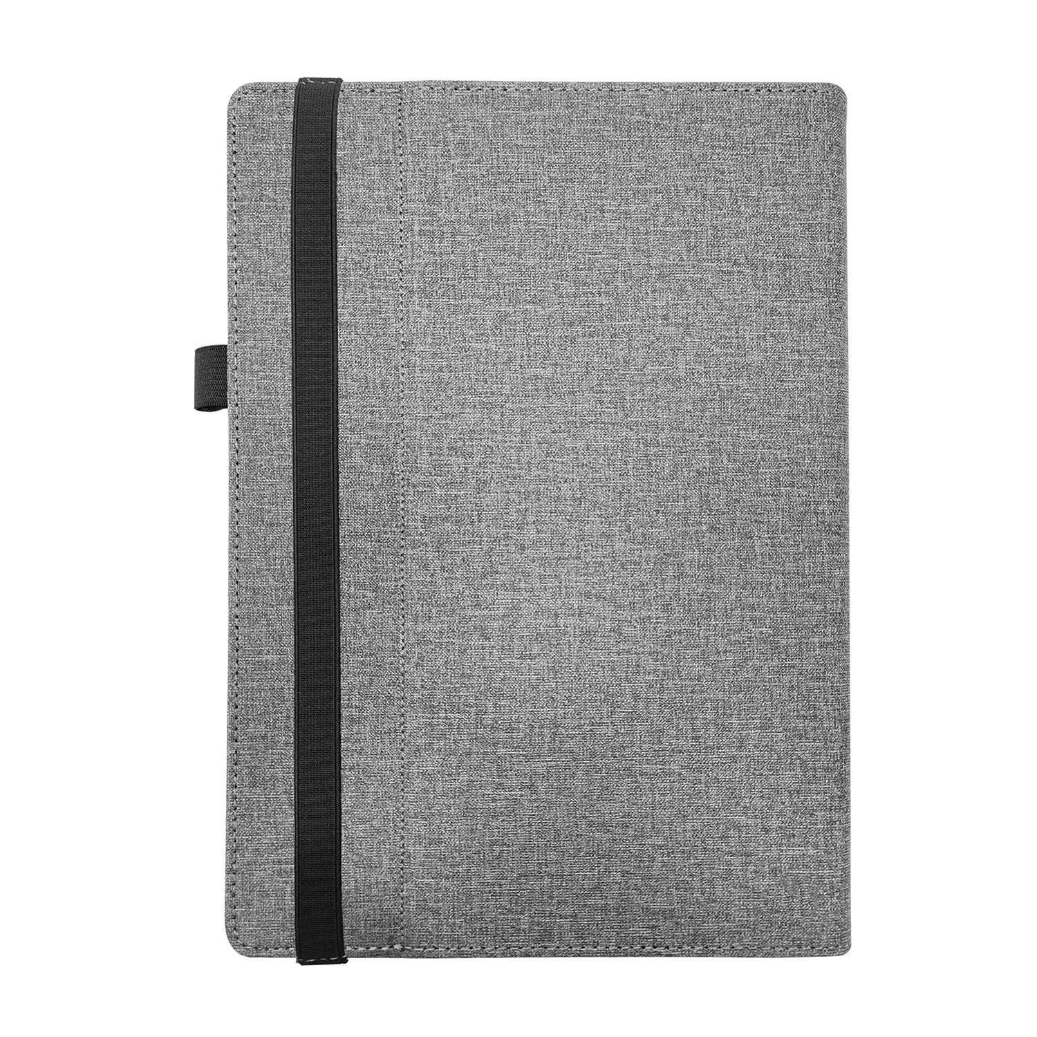 Una custodia grigia per tablet con chiusura a fascia elastica nera.