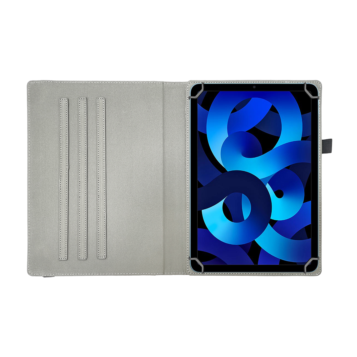 Custodia per tablet grigia aperta, con tablet all'interno.