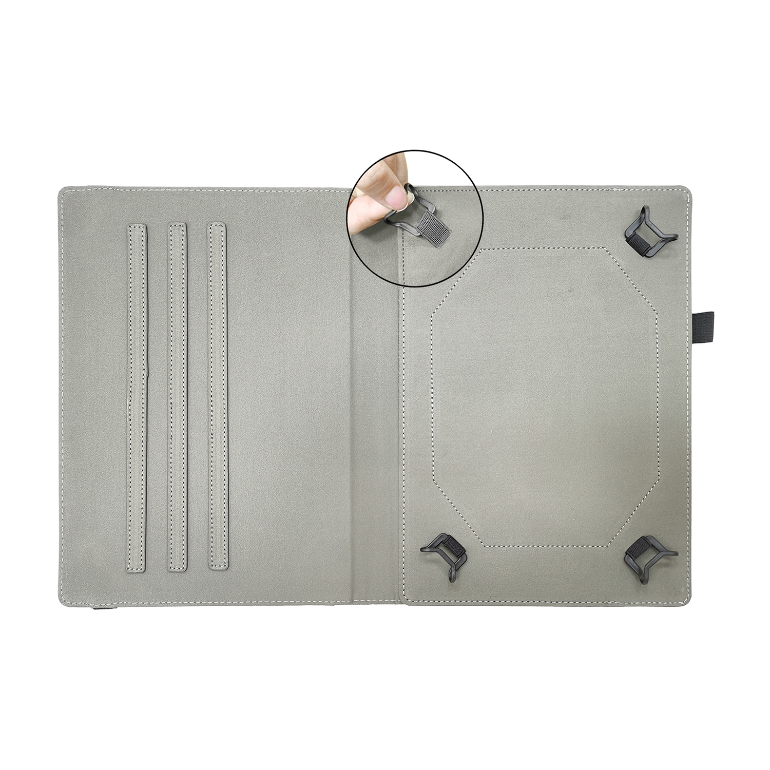 Custodia per tablet aperta, con fessure per schede e cinghie per tenere.