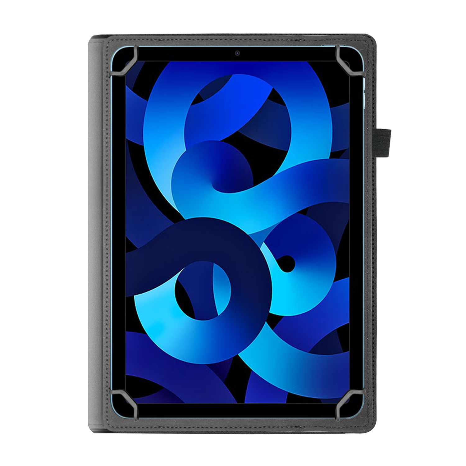 Tablet in una custodia grigia con uno sfondo blu astratto sullo schermo.