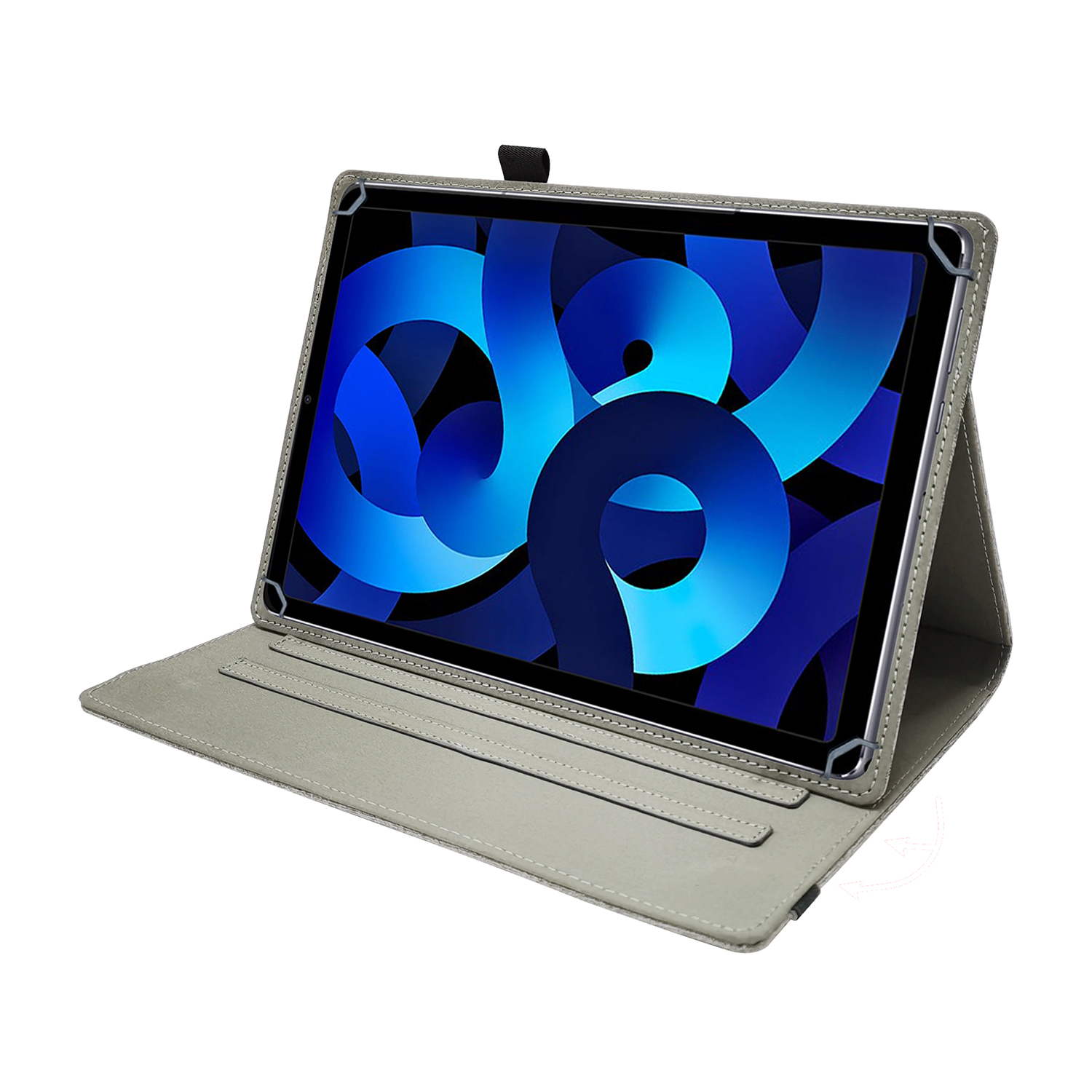 Tablet in una custodia grigia, aperto. Lo schermo mostra un disegno astratto blu e bianco.