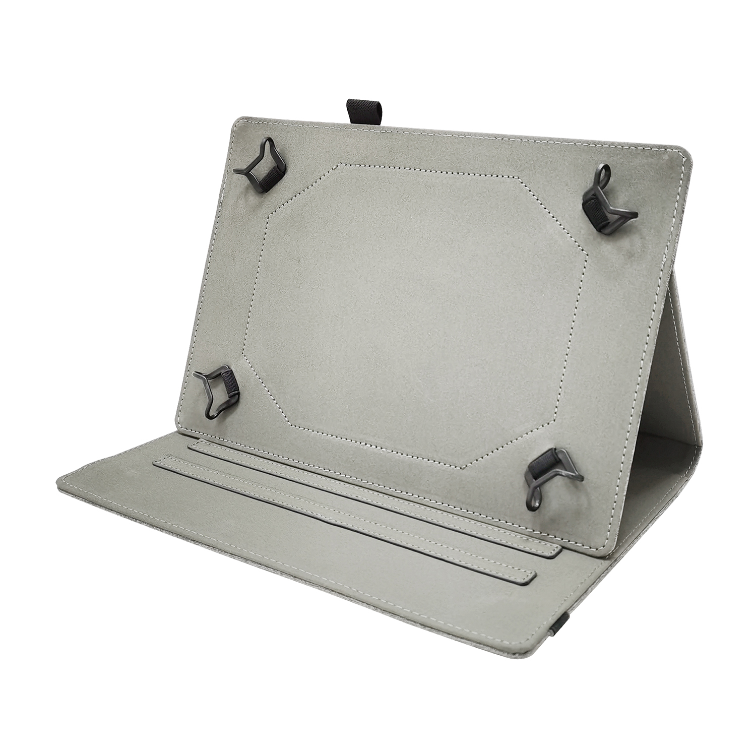 Custodia grigia per tablet, aperta, con supporto. Clip di fissaggio sicure.
