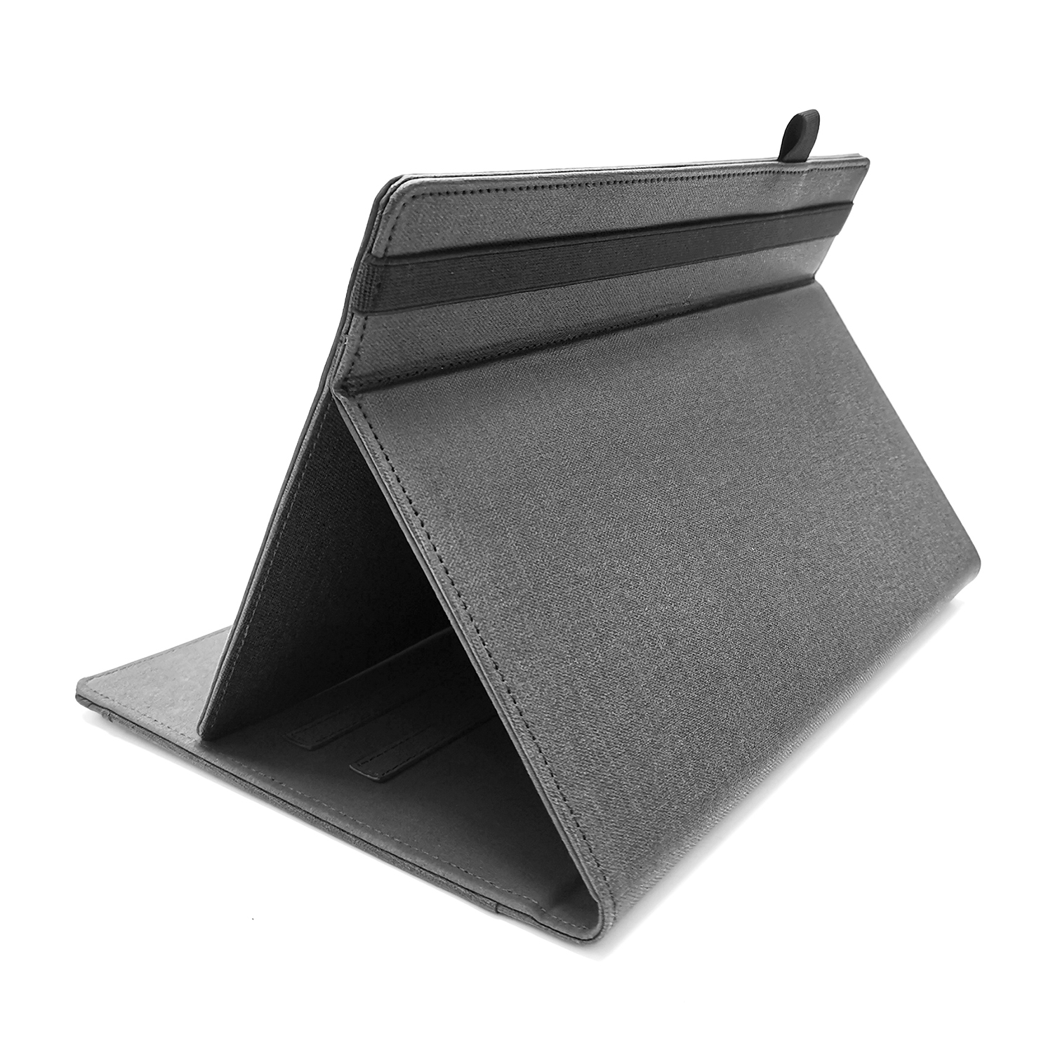 Una custodia per tablet grigia, aperta e sollevata. Una fascia elastica nera la tiene aperta.